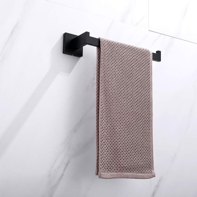 Square Hand Towel Holder Ring Wall Mounted Modern Towel Bar Bathroom Kitchen – Black