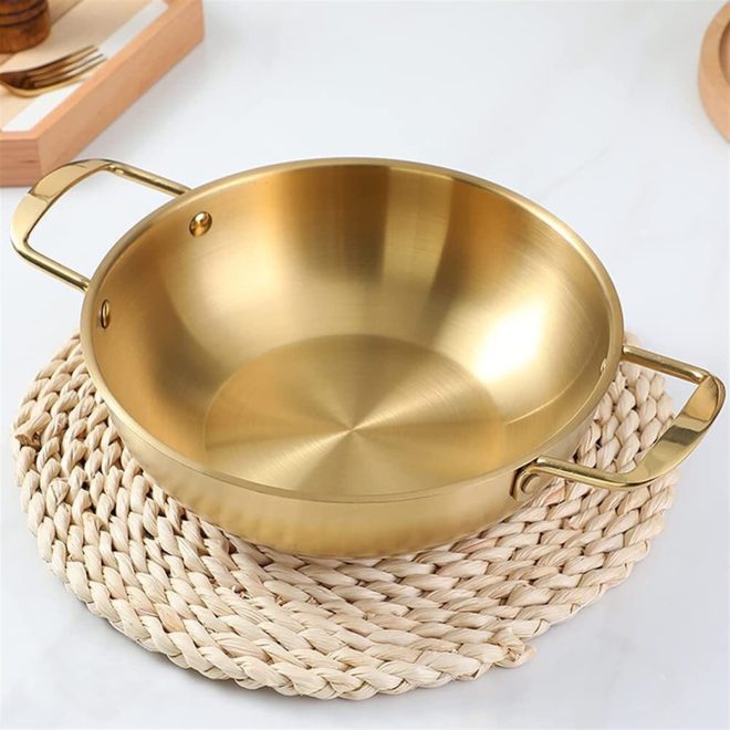 26cm Seafood Paella Pan with Riveted Chrome Plated Handles Dishwasher Safe – Gold