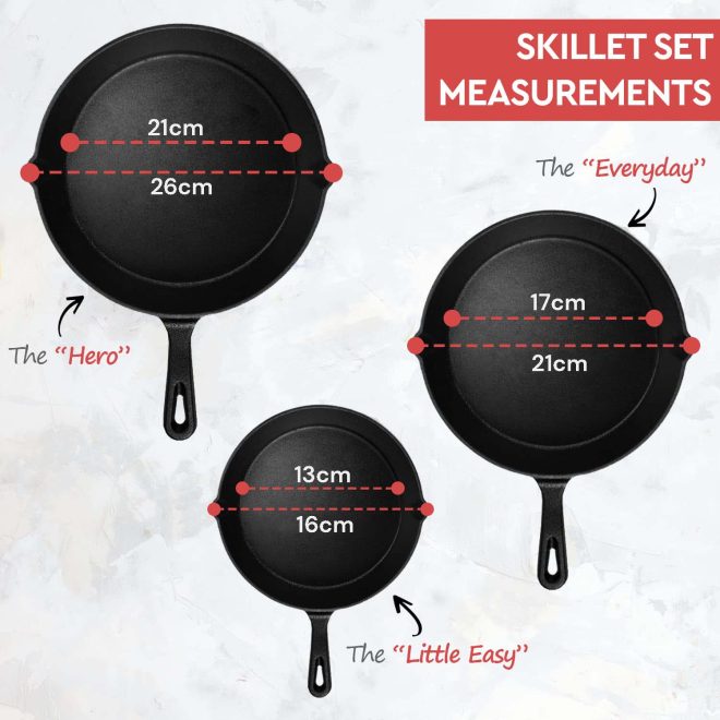 Cast Iron Skillet Cookware 3-Piece Set Chef Quality Pre-Seasoned Pan 10″ 8″ 6″ Pans