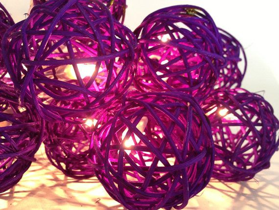 1 Set of 20 LED Cassis Purple 5cm Rattan Cane Ball Battery Powered String Lights Christmas Gift Home Wedding Party Bedroom Decoration Table Centrepiece