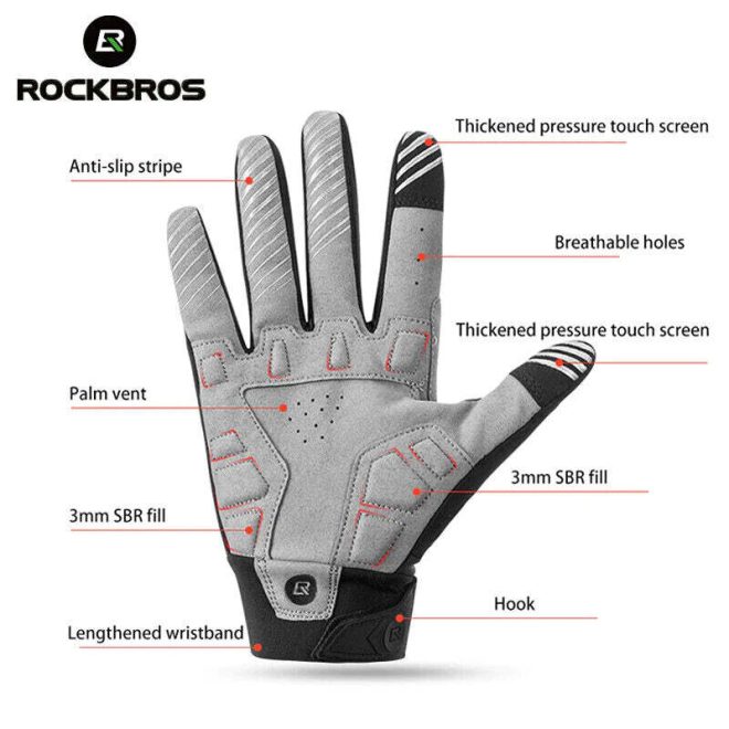 MTB Gloves for Mountain Road Bike Breathable Winter Autumn Spring Cycling Camping Running Outdoor Sport Rockbros – Large