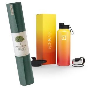 Harmony Mat – Jade Green & Iron Flask Wide Mouth Bottle with Spout Lid, Fire, 32oz/950ml Bundle