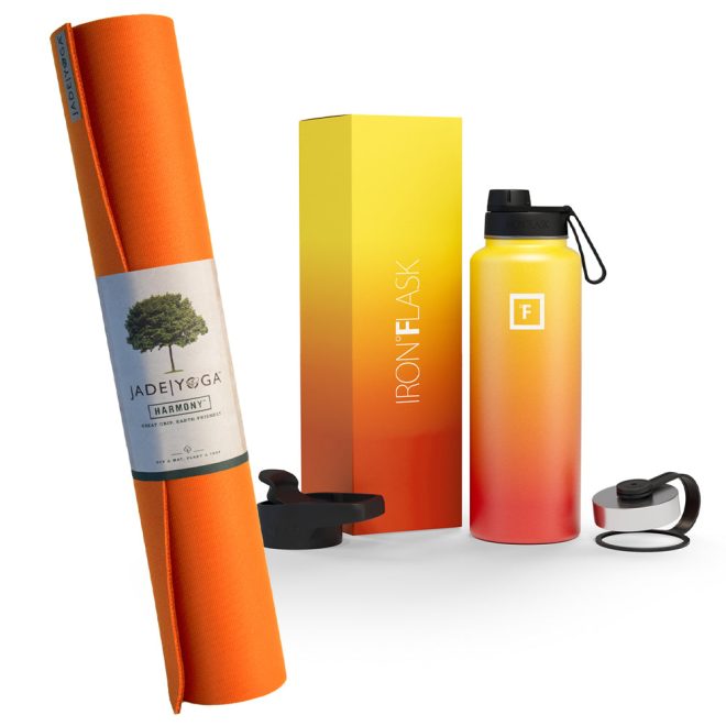 Harmony Mat – Orange & Iron Flask Wide Mouth Bottle with Spout Lid, Fire, 32oz/950ml Bundle