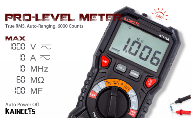 KAIWEETS Digital Multimeter TRMS 6000 Counts Voltmeter Auto-Ranging Fast Accurately Measures Voltage Current Amp Resistance Diodes Continuity Duty-Cycle Capacitance Temperature for Automotive