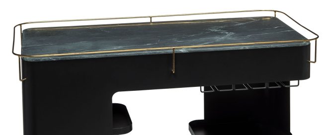 Large Contemporary Black Gold Drinks Trolley Bar Cart with Marble Top and Stemware Rack