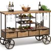 Industrial Style Wooden Bar Cart Drinks Trolley Station with Wine Bottle Rack