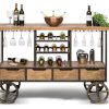 Industrial Style Wooden Bar Cart Drinks Trolley Station with Wine Bottle Rack