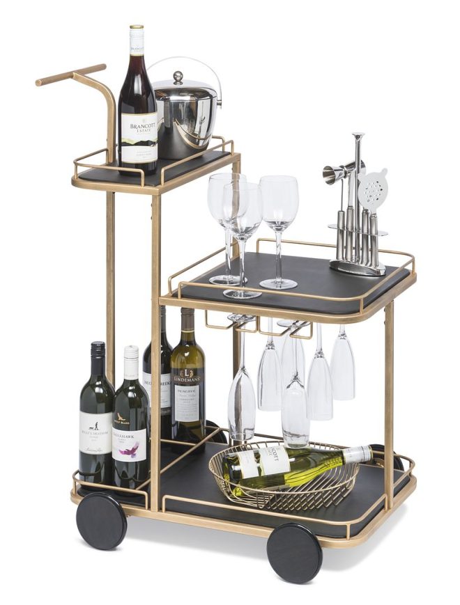 Black and French Brass Wooden 3-Tier Bar Cart Drinks Trolley