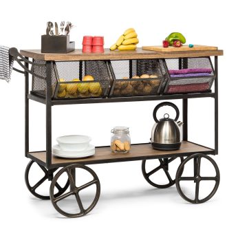 Retro Wooden Kitchen Island Trolley on Wheels with Storage Drawers