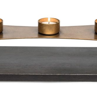 Decorative Black Gold Tea Light Metal Candle Holder Stand with Wooden Base