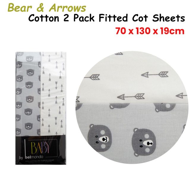 250TC Bears & Arrows 2 Pack Fitted Cot Sheets 70 x 130 x 19 cm