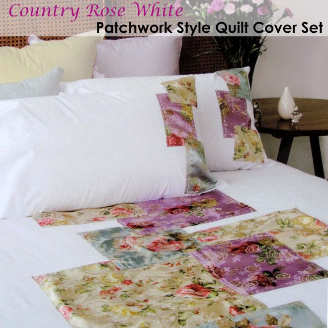 Country Rose White Quilt Cover Set Queen