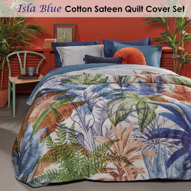 Isla Blue Cotton Sateen Quilt Cover Set King