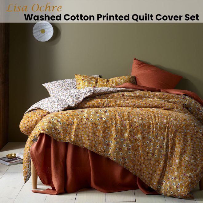 Lisa Ochre Washed Cotton Printed Quilt Cover Set King