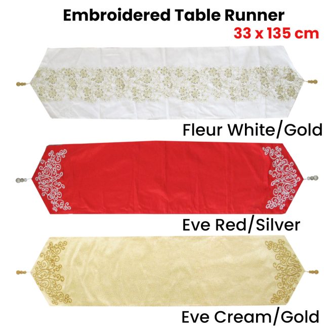 Embroidered Faux Silk Table Runner 33 x 135 cm Fleur – Cream Gold