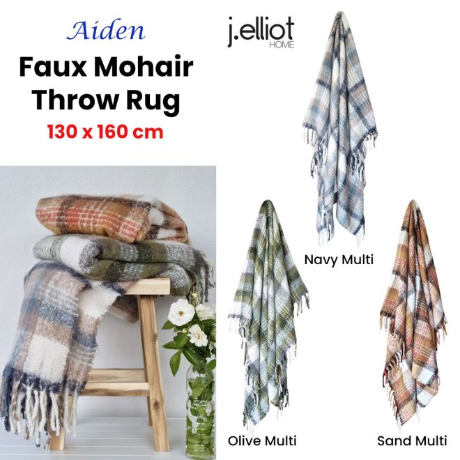 Aiden Multi Faux Mohair Throw Rug with Fringe 130 x 160cm – Navy