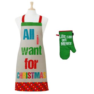 Ladelle Set of 2 All I want Christmas Oven Mitt & Apron Kitchen Set