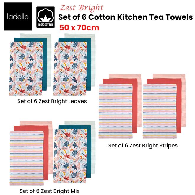 Ladelle Set of 6 Zest Bright Cotton Kitchen Tea Towels 50 x 70 cm – Leaves