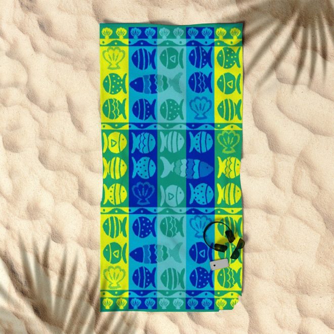 Rans Premium Cotton Jacquard Beach Towel – Fish & Shell Blue