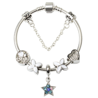 Women Silver Plated Bracelet Snake Chain with Classic Bead Barrel Clasp and Blue Star Pendant