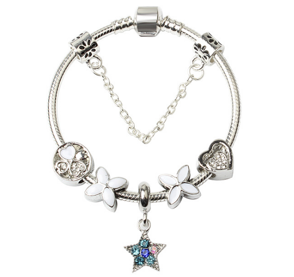 Women Silver Plated Bracelet Snake Chain with Classic Bead Barrel Clasp and Blue Star Pendant – 18 cm