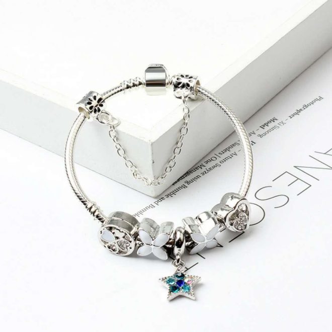 Women Silver Plated Bracelet Snake Chain with Classic Bead Barrel Clasp and Blue Star Pendant – 18 cm