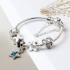 Women Silver Plated Bracelet Snake Chain with Classic Bead Barrel Clasp and Blue Star Pendant – 18 cm