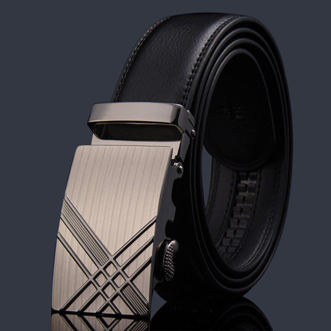 Adjustable Slide Luxury Leather Belt For Men’s Automatic Buckle Ratchet Business Dress Belts (FB8501#01)