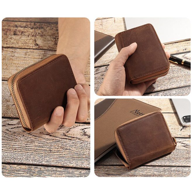 Genuine Leather Large Capacity RFID Anti-magnetic Money Clip Organ Wallets – Brown