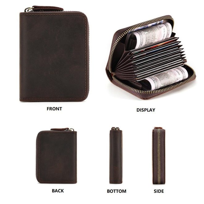 Genuine Leather Large Capacity RFID Anti-magnetic Money Clip Organ Wallets – Brown