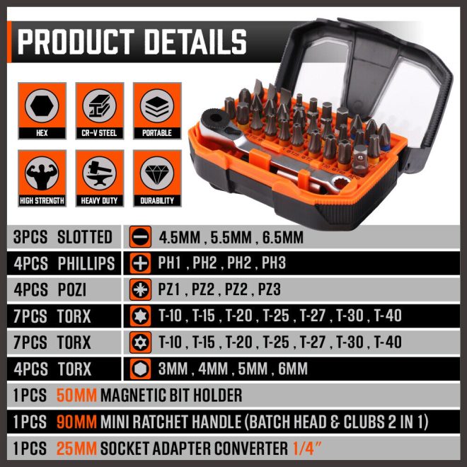 32Piece 1/4″ Mini Double Head Screwdriver Bit and Ratchet Set CRV Steel Durable