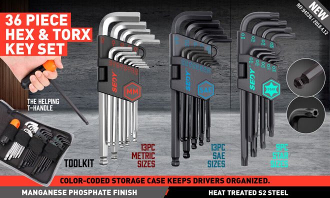 36-Piece Hex Key and Torx Key Set Metric & Imperial Allen Wrench with T-Handle