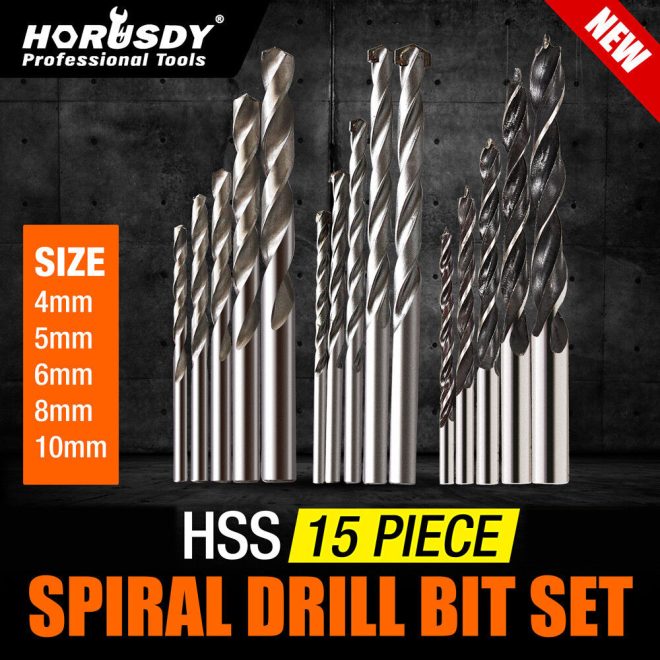 15Pc HSS Drill Bits Combination Set Wood Metal & Concrete Drilling Metric Titanium