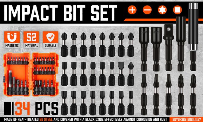 34Pc Impact Screwdriver Bit Set Nut Driver Magnetic Drill Holder Quick Release