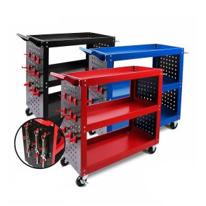 3-Tier Heavy Duty Steel Tool Trolley – Workshop Cart with Pegboard, Hooks and Locking Swivel Casters