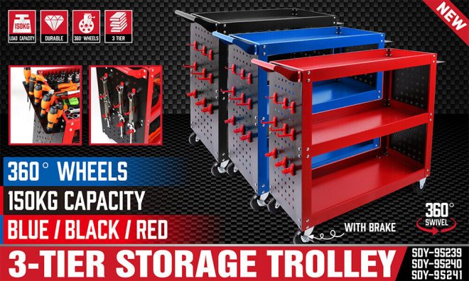 3-Tier Heavy Duty Steel Tool Trolley – Workshop Cart with Pegboard, Hooks and Locking Swivel Casters