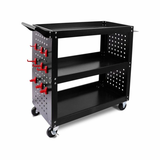 3-Tier Heavy Duty Steel Tool Trolley – Workshop Cart with Pegboard, Hooks and Locking Swivel Casters