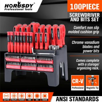 100Pc Screwdriver Set Ratchet Handle Socket Slot Pozi Hex Star Square Bits Rack