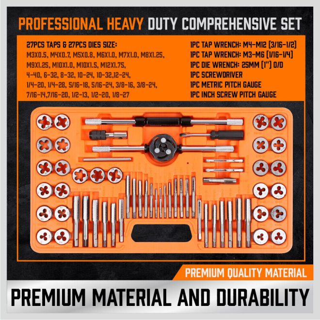 60Pc Tap And Die Set Metric Imperial Screw Screwdriver Thread Drill Pitch Gauge