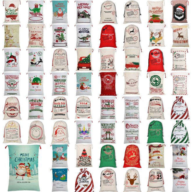 50x70cm Canvas Hessian Christmas Santa Sack Xmas Stocking Reindeer Kids Gift Bag, Cream – Overnight Service For (3)