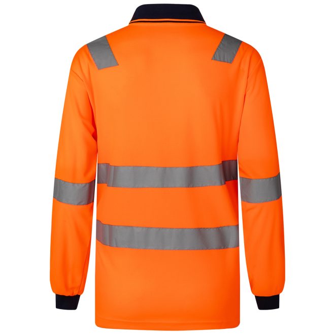 HI VIS Long Sleeve Workwear Shirt w Reflective Tape Cool Dry Safety Polo 2 Tone, Fluoro Orange / Navy – S