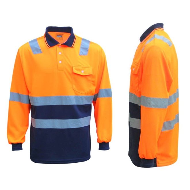 HI VIS Long Sleeve Workwear Shirt w Reflective Tape Cool Dry Safety Polo 2 Tone, Fluoro Orange / Navy – S