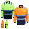 HI VIS Long Sleeve Workwear Shirt w Reflective Tape Cool Dry Safety Polo 2 Tone, Fluoro Orange / Navy – S