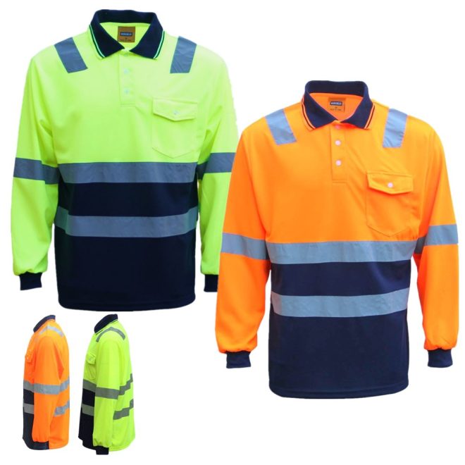 HI VIS Long Sleeve Workwear Shirt w Reflective Tape Cool Dry Safety Polo 2 Tone, Fluoro Orange / Navy – S