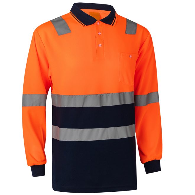 HI VIS Long Sleeve Workwear Shirt w Reflective Tape Cool Dry Safety Polo 2 Tone, Fluoro Orange / Navy – S