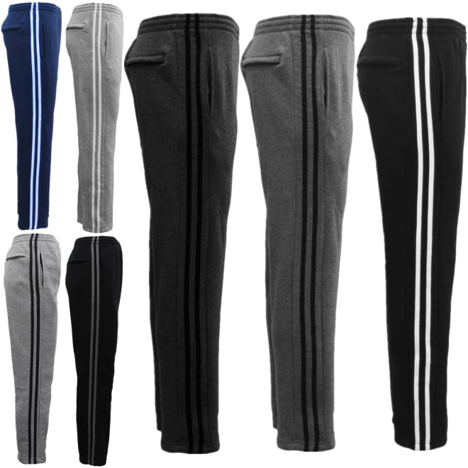 Men’s Fleece Casual Sports Track Pants w Zip Pocket Striped Sweat Trousers S-6XL, Light Grey – M