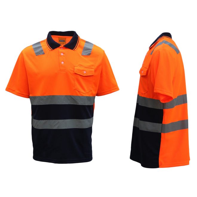 HI VIS Short Sleeve Workwear Shirt w Reflective Tape Cool Dry Safety Polo 2 Tone, Fluoro Orange / Navy – XS