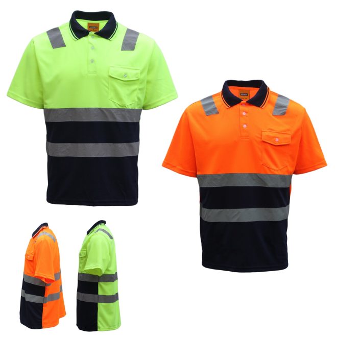 HI VIS Short Sleeve Workwear Shirt w Reflective Tape Cool Dry Safety Polo 2 Tone, Fluoro Orange / Navy – XS