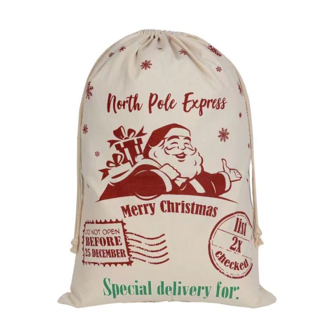 50x70cm Canvas Hessian Christmas Santa Sack Xmas Stocking Reindeer Kids Gift Bag, Cream – North Pole Express (E)