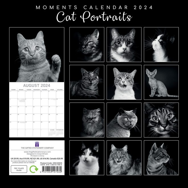 Cat Portraits – 2024 Square Wall Calendar 16 Months Black & White Planner Gift